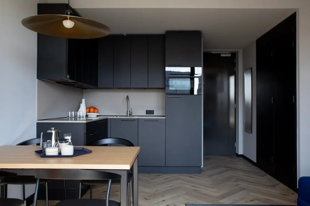Contemporary apartment at Bob W Noord Amsterdam with a dark fitted kitchen, dining table and modern minimalist design