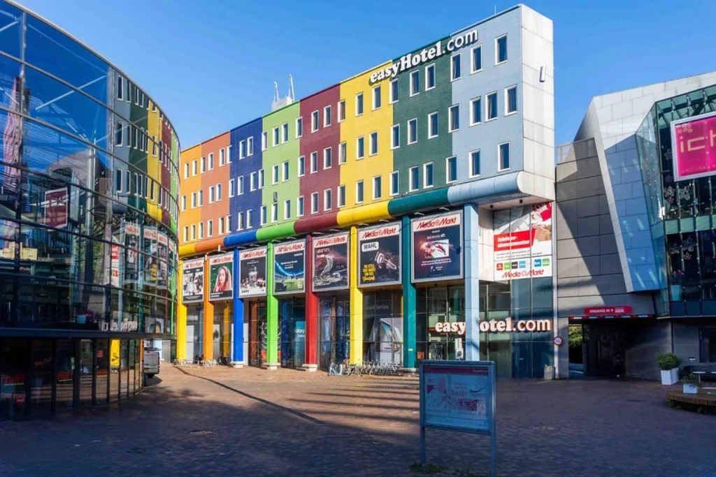 Colorful hotel exterior at easyHotel Amsterdam Arena Boulevard