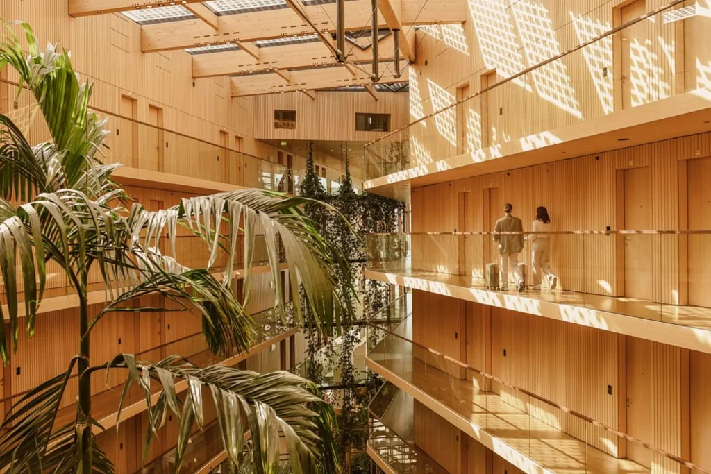 Tropical wooden atrium interior at Hotel Jakarta Amsterdam