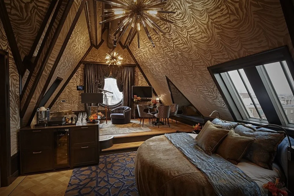 Elegant suite interior at Hotel Twenty Seven featuring a king-size bed, separate seating and dining areas, patterned walls, contemporary lighting, and large windows overlooking Amsterdam.