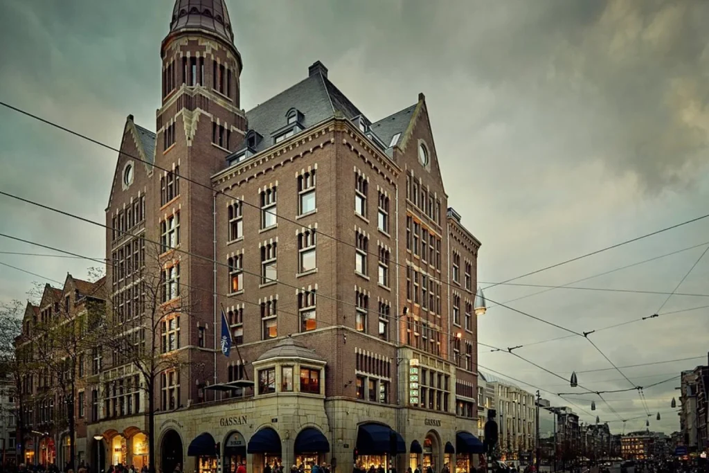 Historic brick facade and distinctive tower in central Amsterdam at Hotel TwentySeven Amsterdam.
