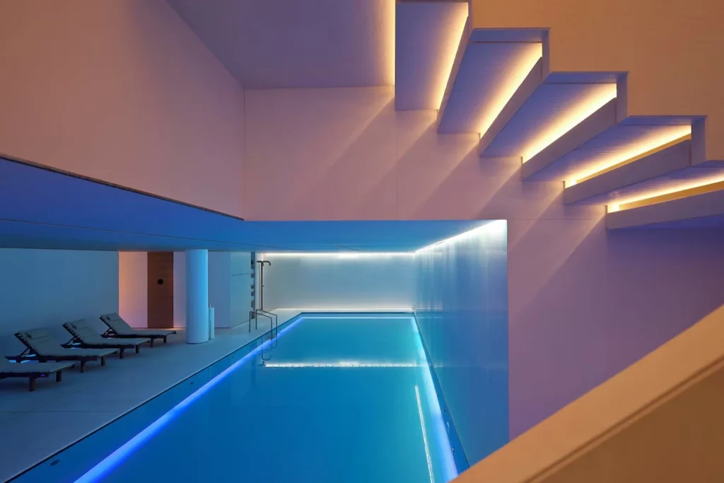 Modern indoor swimming pool at Mandarin Oriental Conservatorium Amsterdam.