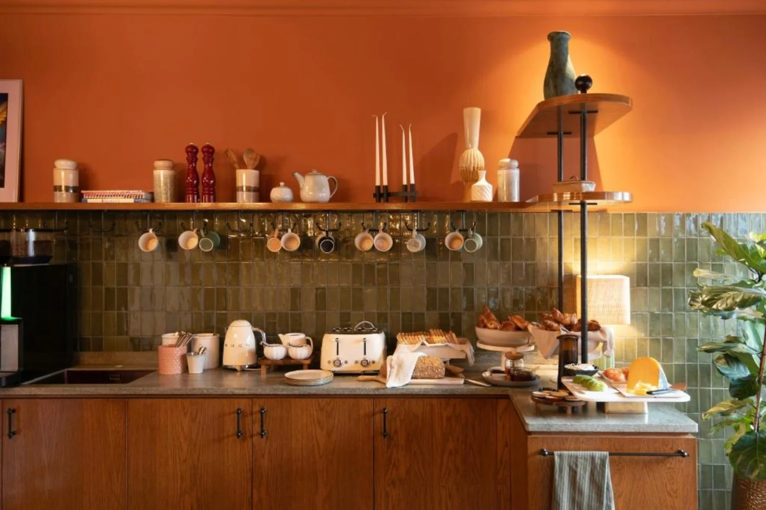 Cozy breakfast buffet with fresh pastries, bread, cheese and morning essentials at Jan Luyken, Museum Quarter, Amsterdam.