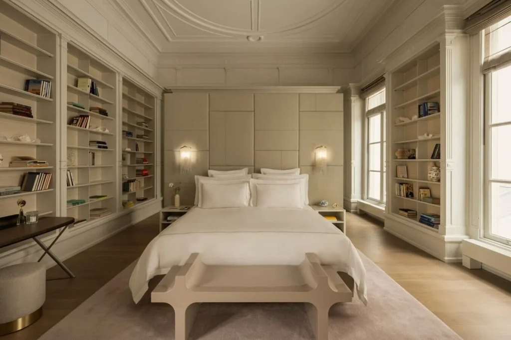 Refined luxury bedroom with floor-to-ceiling bookshelves, elegant architectural details and abundant natural light at Rosewood Amsterdam, Amsterdam.