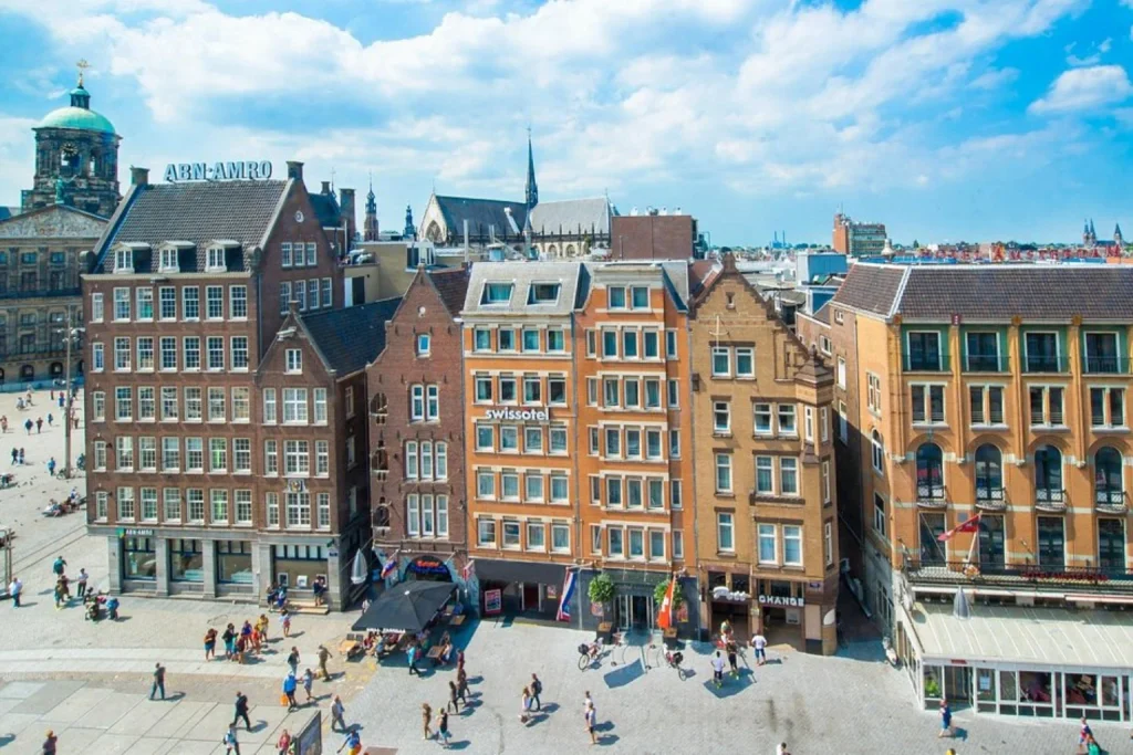 Historic buildings overlooking Dam Square in the city centre, Swissôtel Amsterdam, Amsterdam