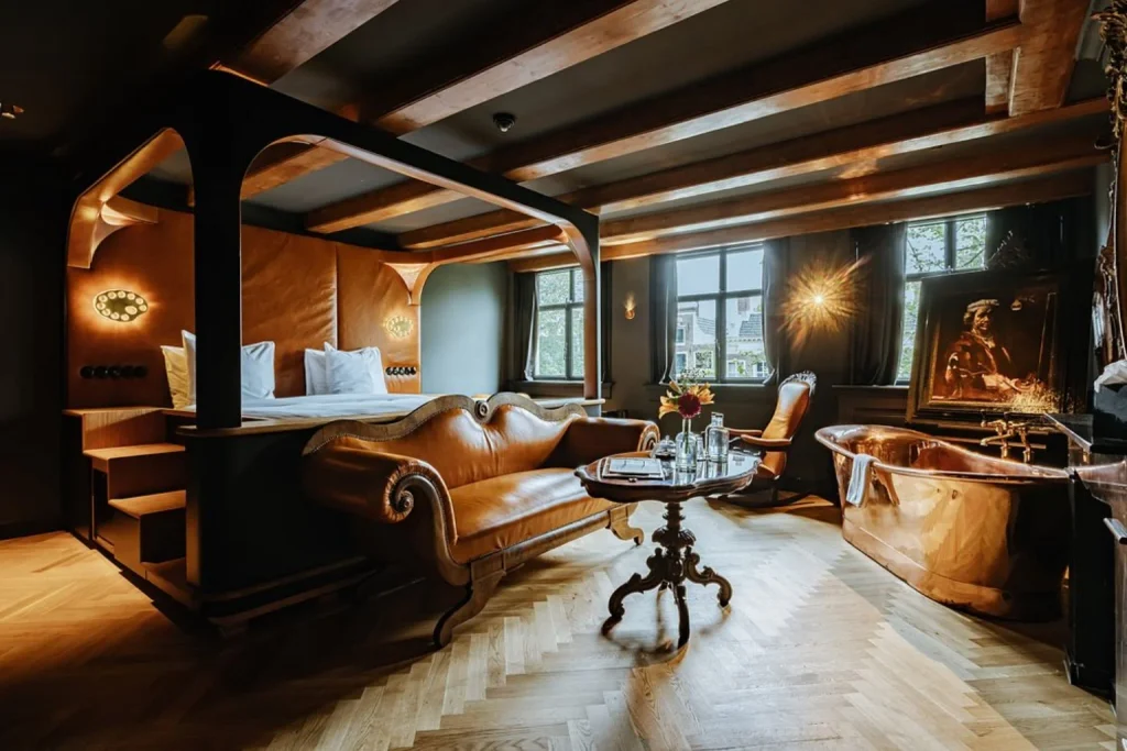 Luxury hotel room with four-poster bed, leather sofa and copper bathtub at The Gentlemen in Amsterdam