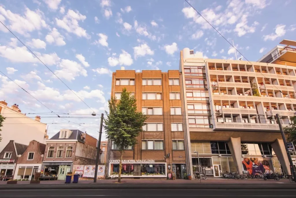 Exterior of the eco-focused Conscious Hotel Vondelpark, a modern 3-star hotel near Amsterdam’s famous Vondelpark.