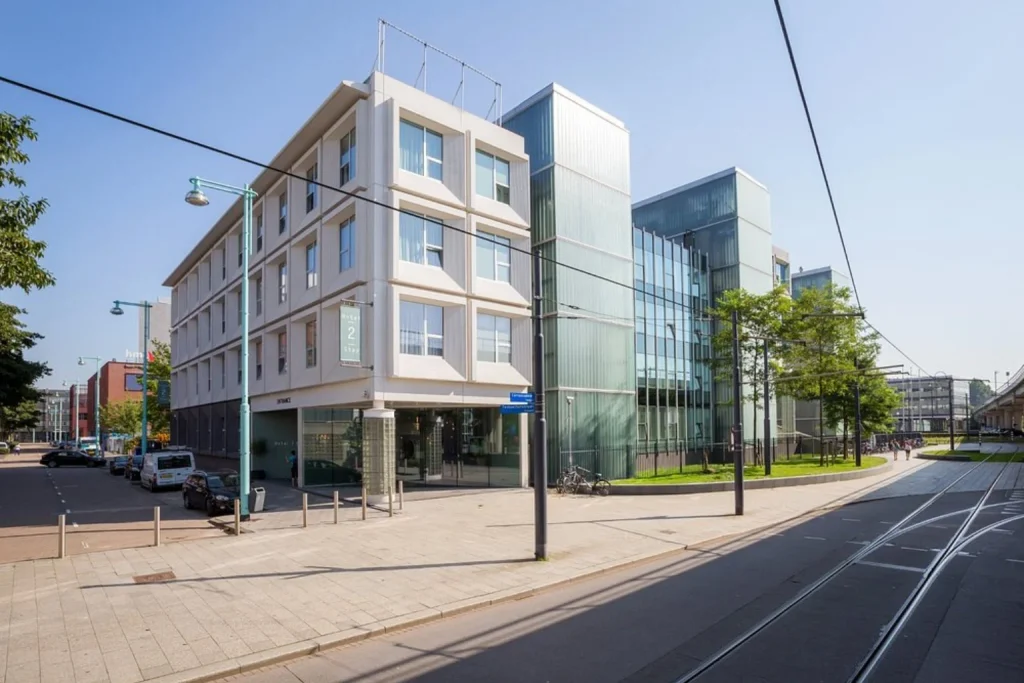 Contemporary hotel building in the Sloterdijk area with convenient public transport connections at Hotel2Stay, Amsterdam