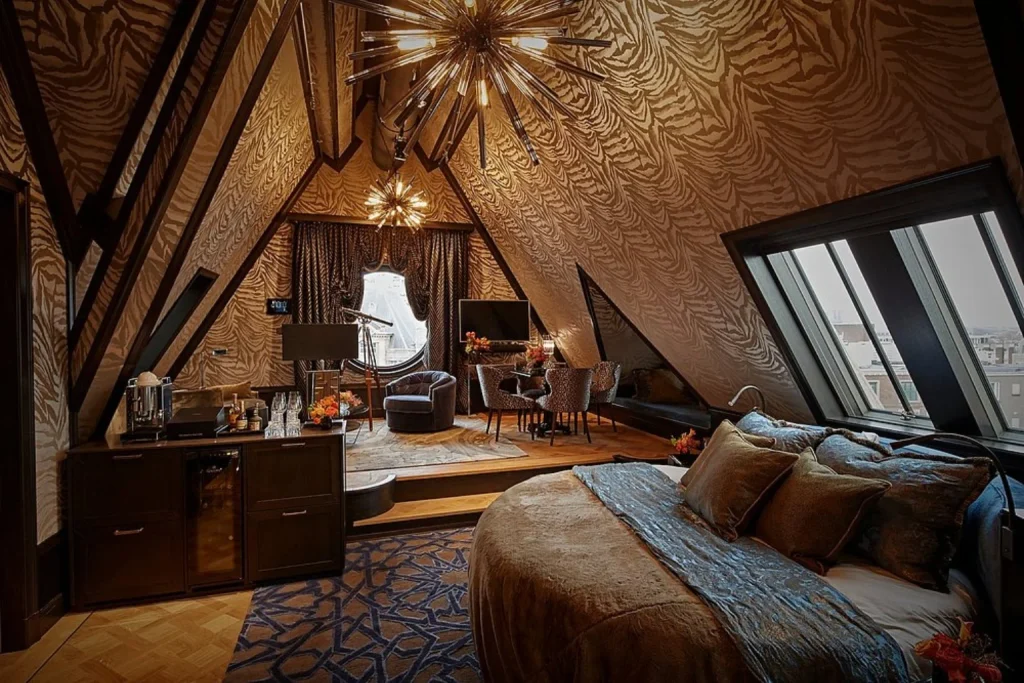 Opulent attic suite with bold patterned walls, statement lighting and expansive city views, Hotel TwentySeven, Amsterdam