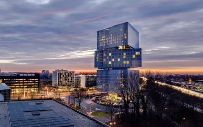 Panoramic city view across the RAI district from a high-floor guest room at nhow Amsterdam RAI, Amsterdam
