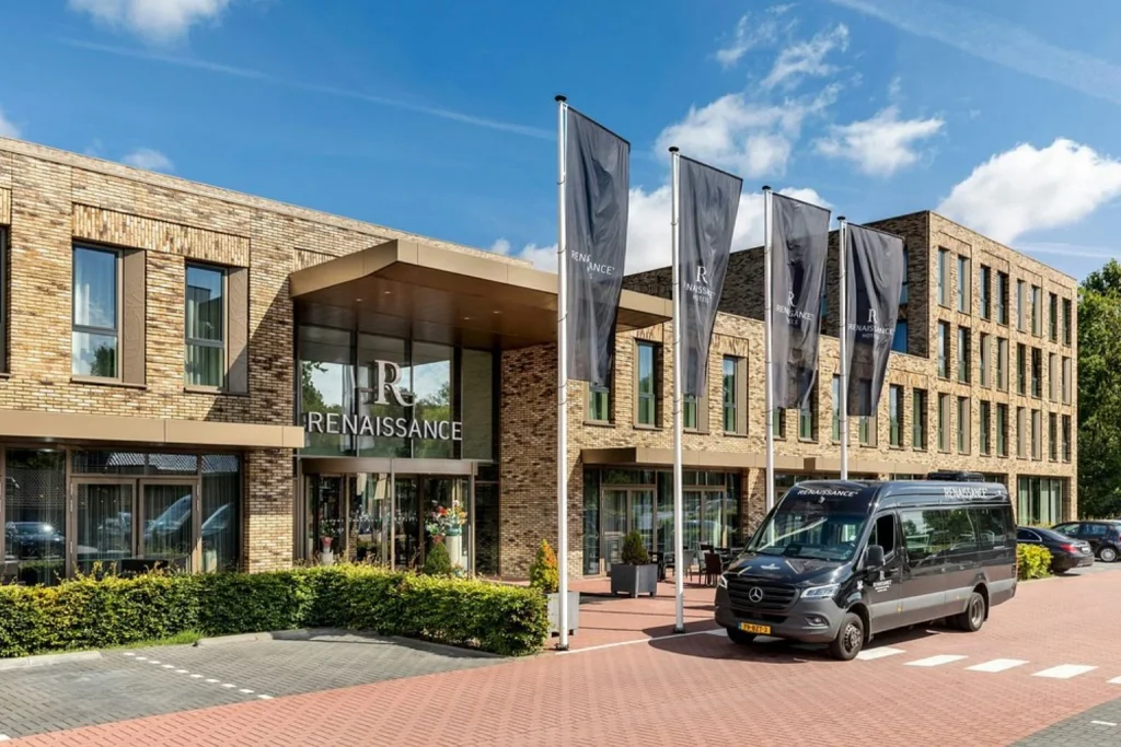 Contemporary brick hotel entrance with airport shuttle service near Schiphol Airport at Renaissance Amsterdam Schiphol Airport Hotel in Amsterdam.
